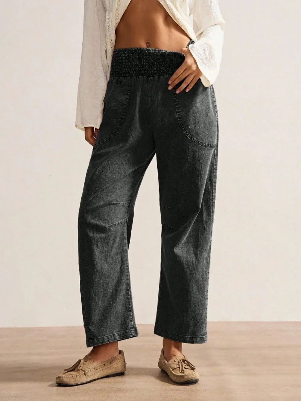 Black Casual Women's Woven Loose Low Waist Pants